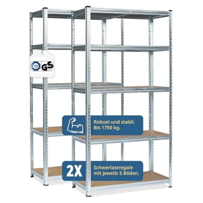 Abbildung von Grafner Schwerlastregal Lagerregal 2er Set 180x90x40 cm mit 10 Böden max. 1750 kg, Set, Kellerregal Steckregal Werkstattregal TÜV / GS geprüft