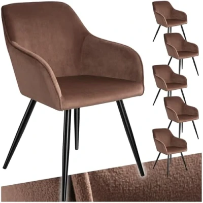 Abbildung von tectake 6er Set moderner Esszimmer Stuhl, Sitzfläche aus Samt, Armlehnstuhl, Sessel Wohnzimmer, gepolsterter Office Chair mit schwarzen Metallbeinen, Schminktisch Stuhl braun/schwarz