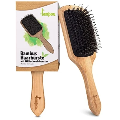 Abbildung von Bambus Haarbürste mit Wildschweinborsten Kopfmassage Haarpflege, Entwirrbürste für lange Haare &amp; Locken von Damen, Herren Kinder, Massagebürste die Kopfhaut, Detangler (rechteckig)