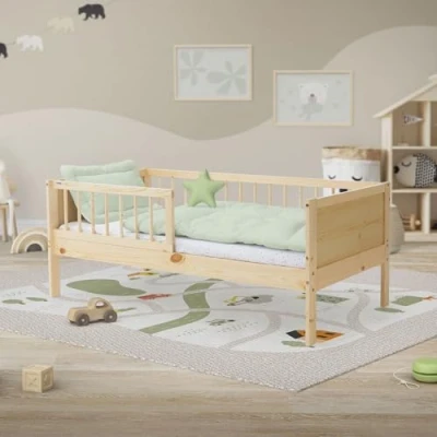 Abbildung von ML Design Kinderbett 70x140 cm, Natur, Einzelbett für Kinder mit Lattenrost &amp; Rausfallschutz, Jugendbett aus Kiefernholz, Holzbett, Bettgestell Jungen Mädchen, Massivholz Babybett Kleinkindbett