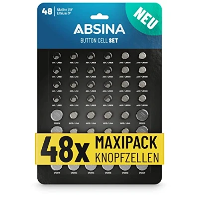 Abbildung von ABSINA 48er Pack Alkaline &amp; Lithium Knopfzellen 4x AG1 / AG3 8x AG4 AG10 AG13 CR2016 CR2025 CR2032 1,5V 3V Knopfzelle Sortiment auslaufsicher Knopfbatterien Knopfzelle, (2 St)