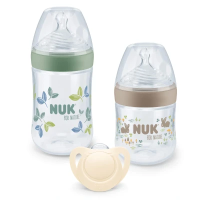 Abbildung von NUK for Nature Start Set Babyflasche und Schnuller 0−6 Monate 100 % natürliche Rohstoffe 2 x Flaschen (150 ml + 260 ml) aus Silikon BPA frei 4 Stück