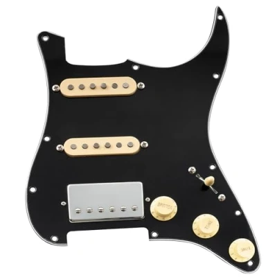 Abbildung von Musiclily Pro HSS Pre wired ST Loaded Pickguard Vorverdrahtetes Schlagbrett mit Artec Alnico 5 Tonabnehmer für Strat Style E Gitarre, 3 lagig Schwarz
