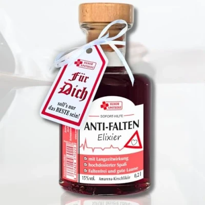 Abbildung von 0,2L Apothekerflasche Anti Falten, Elixier 15% vol. Amarena Kirsch Likör aus der Humorapotheke Humor Apotheke Spaßmedizin Scherzartikel Humormedizin
