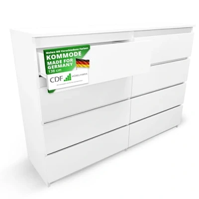 Abbildung von CDF Kommode Malwa M8 140 Farbe: WEIß Schrank für Dokumente, Kleinigkeiten Ideal Wohnzimmer, Schlafzimmer, Kinderzimmer, Jugendzimmer und Büro 8 geräumige Schubladen