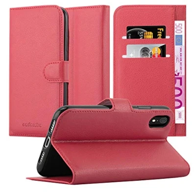 Abbildung von Cadorabo Hülle kompatibel mit Apple iPhone XR Handyhülle aus Premium Kunst Leder Flip Klappbare Stoßfeste Magnetische [Standfunktion] [Kartenfächern] Cover für Tasche in Rot