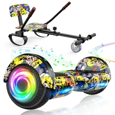 Abbildung von SISIGAD Hoverboard Kart, für jedes Terrain, selbstbalanciert, 6,5 Zoll, mit Bluetooth Lautsprechern und LED Lichtern, Kinder