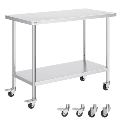 Abbildung von VEVOR Arbeitstisch aus Edelstahl, Rollbarer Küchentisch, 3 einstellbaren Höhenstufen, robuster Küchentisch zur Lebensmittelzubereitung für gewerbliche Küchen und Restaurants 610 x 1219 954,6 mm