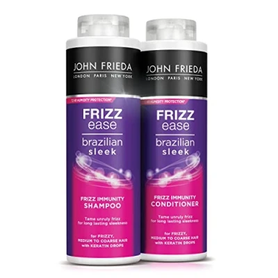 Abbildung von Frizz Ease Brazilian Sleek Immunity Shampoo &amp; Conditioner Set 2 x 500 ml für krauses, mittelgrobes bis grobes Haar mit Keratin Tropfen langanhaltende, glatte Ergebnisse, große Packung