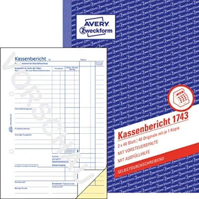 Abbildung von AVERY Zweckform 1743 Kassenbericht (A5, 2x40 Blatt, selbstdurchschreibend, retrograde Ermittlung der Tageseinnahmen, von Rechtsexperten geprüft, für DE/AT, zur ordnungsgemäßen Buchführung) weiß/gelb