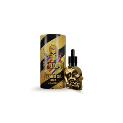 Abbildung von Bandido Bart Öl für die tägliche Bartpflege von 3 Tage oder Vollbart Beard Oil als Geschenk Männer 40ml mit Pipette Spender Totenkopf Design Barber shop Serum (Gold)