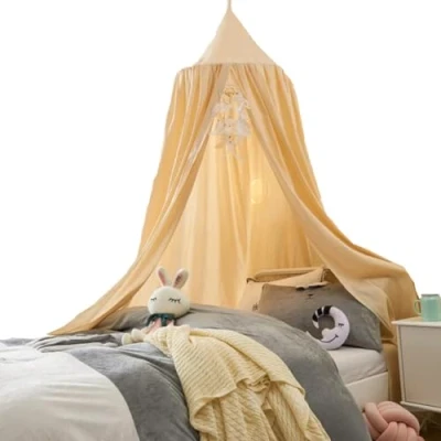 Abbildung von LINONI Baby Baldachin Betthimmel Chiffon Hängende Rund Moskitonetz für Babys Bett, Spielzelte, Kinderzimmer Höhe 240 cm Saumlänge 260cm (Gelb)