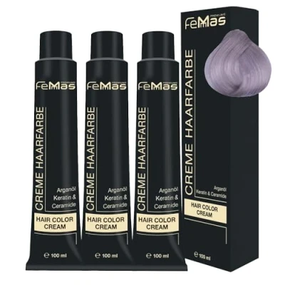 Abbildung von FemMas Haarfarbe 3x Lichtblond Lavendel 9.21 I Professionelle Creme mit Arganöl, Keratin &amp; Ceramiden Als dauerhafte Haarfärbung oder Tönung für strahlende, haltbare Farbergebnisse 100 ml