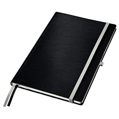 Abbildung von Leitz Notizbuch A4 liniert, 160 Seiten, 80 Blatt, Hardcover Mit hochwertigem Bezug, 100 g/m² Papier, Gummizugverschluss, Textilbänder, Stiftelasche, Tasche, Style Serie, Satin Schwarz, 44750094