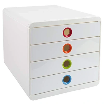 Abbildung von Exacompta 314398D Premium Ablagebox mit 4 Schubladen für DIN A+ Dokumente. Belastbare Schubladenbox hoher Kapazität mehr Platz auf dem Schreibtisch Pop Box weiss/bunt