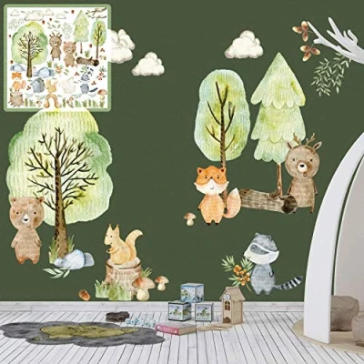 Abbildung von Sunnywall Wandtattoo XXL Kinder Woodland Set verschiedene Motive Kinderzimmer Aufkleber Wanddeko Waldtiere Wald Baum