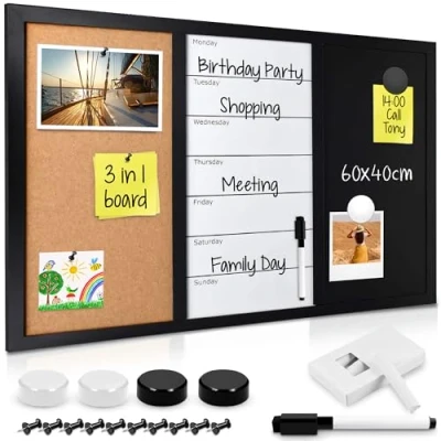 Abbildung von Navaris Pinnwand 3in1 Kombitafel 60x40cm Kreidetafel Whiteboard Kork Pinnwand, (1 tlg)