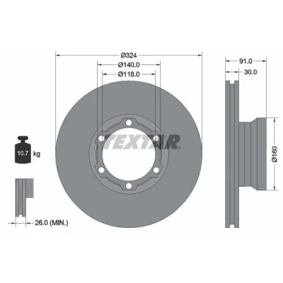 Abbildung von TEXTAR 93087600 Bremsscheibe 324 30 06/06 140 innenbelüftet ohne Radbefestigungsbolzen, Radnabe MERCEDES BENZ: Vario Kipper