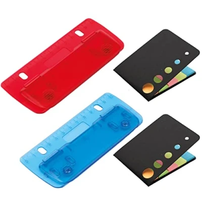 Abbildung von Set 2 Taschenlocher Mini Locher zum Einheften, mit Haftnotizen, für 8 cm Lochung 12 Skala, Schule Büro Haushalt, Farben Rot Blau
