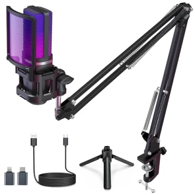 Abbildung von zealsound USB Mikrofon mit arm, RGB für iPhone/PC/Mac/Handy/PS5, Stumm, Stativ &amp; Boom (2 Ständer 2 Adapter), Gaming,Podcast, Streaming Twitch Youtuber TikTok auf Windows Android