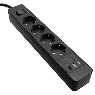 Abbildung von KabelDirekt 4 fach Steckdosenleiste &amp; Mehrfachsteckdose (USB, Quick Charge 3.0, Schnellladegerät, lädt geräteabhängig bis zu 3x schneller, Überspannungs /Berührungsschutz, TÜV geprüft, schwarz)