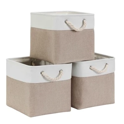 Abbildung von Mangata Aufbewahrungsbox 28x28x28 cm, Aufbewahrungskorb mit Griff, Aufbewahrung Korb Stoff für Regal, Schrank, und Kleidung (Faltbare, Helles Khaki Weiß, 3er Set)