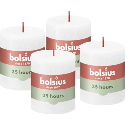 Abbildung von Bolsius Rustik Stumpenkerzen Hellrosa 4 Stück 8 x 7 cm Länge Brenndauer 35 Stunden Enthält Natürliches Pflanzenwachs Ohne Palmöl