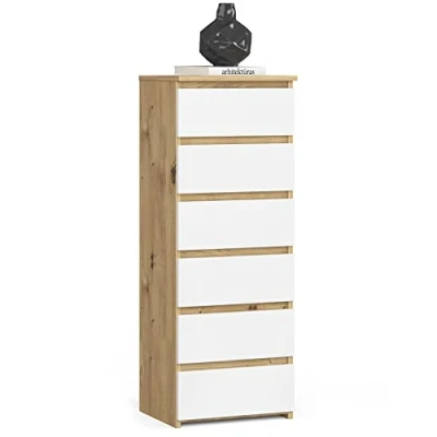 Abbildung von AKORD Kommode mit 6 Schubladen Rollschubladen Schubladenschrank Kleiderschrank Sideboard Ablage Robust Universal Design Artisan Eiche/Weiß