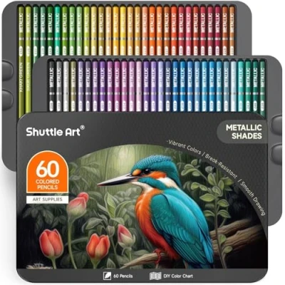 Abbildung von Shuttle Art Metallic Buntstifte Set, 60 metallic, Glitzer für Erwachsene, Anfänger zum Malen, Färben, Zeichnen, metallische Holzstifte, Farbstifte Kinder