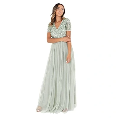Abbildung von Maya Deluxe Damen Ballkleid Abendkleid V Ausschnitt Maxi Länge Pailletten Kurze Ärmel für Hochzeit Geburtstag Brautjungfer Brautjungfernkleid, Green, 56