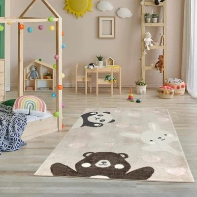 Abbildung von Jimri Teppich Kinderzimmer Teppiche für Kinderzimmer, Kinderteppich, Kinderteppich Mädchen, Bär, Hase, Panda, Herz, (Beige, Größe: 160x230 cm)