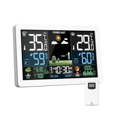 Abbildung von Wetterstation Funk mit Außensensor, Farbdisplay, Wettervorhersage, Temperatur, Luftfeuchtigkeit, Wecker Schlummerfunktion, Luftdruck,60m Übertragungsentfernung, für Innen und Außen, Schwarz