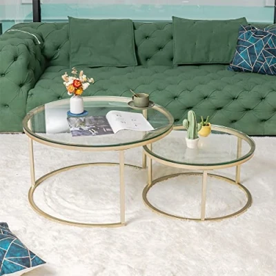 Abbildung von HJhomeheart 2er Set runde Couchtische Groß: 80 x 45 cm Klein: 60 35 cm, Couchtisch Rund(Gold und Glas)