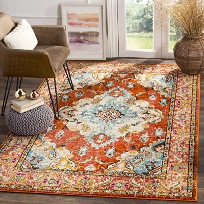 Abbildung von SAFAVIEH Boho Teppich für Wohnzimmer, Esszimmer, Schlafzimmer Monaco Collection, Kurzer Flor, Orange und Hellblau, 155 X 231 cm