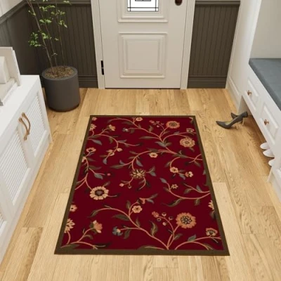 Abbildung von Ottomanson Ottohome Kollektion Teppich mit Gummirückseite und modernem Blätter Design, 100 cm x 150 cm, Rot