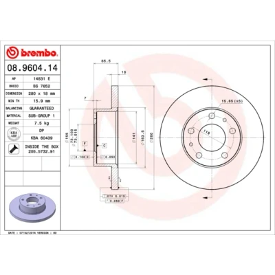 Abbildung von BREMBO 08.9604.14 Bremsscheibe 280 18 5 voll mit Schrauben PEUGEOT: Boxer Kastenwagen, Bus