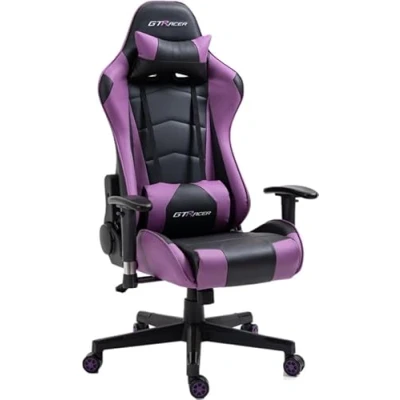 Abbildung von GTRACER Pro Gaming Stuhl, Ergonomischer Bürostuhl, Verstellbare Armlehnen, PU Kunstleder, Inklusive Lendenkissen und Kopfkissen (Schwarz Lila)