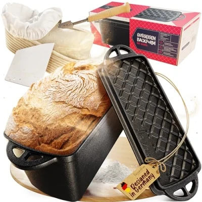 Abbildung von Flavemotion Brotbackform mit Deckel Gärkörbchen, Bäckermesser, Teigkarte, Starter Rezept, Kastenform, Gusseisen Topf, Auflaufform