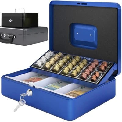Abbildung von ACROPAQ Geldkassette abschließbar Kasse mit Münzzählbrett, Groß 24 x 30 9 cm Abschließbare Box, Geldkasse, Geldkoffer geeignet für Geldaufbewahrung Blau 10005B