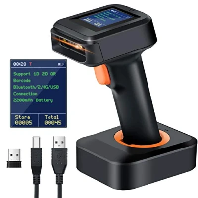 Abbildung von Tera 2D HW006 Barcode Scanner, kabellos, QR Code Scanner mit Bluetooth, Zeitanzeige, Bildschirm, Batteriestandsanzeige Ladestation, Patentnummer 90078251950003