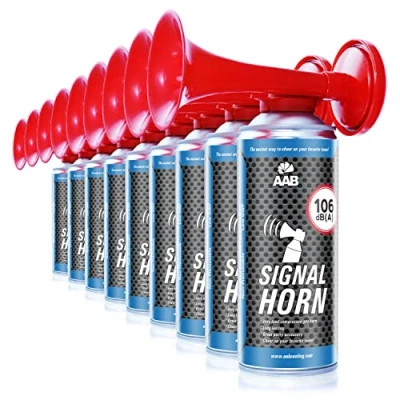 Abbildung von 9 x AAB Signal Horn Laut Air 106 dB(A), Tröten Fußball Mit Nicht Brennbarem Gas, Bis Zu 120 Kurze Pieptöne, Lufthorn, Vuvuzela, Pressluft Gashupe, Drucklufthupe, Druckluftfanfare