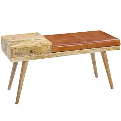 Abbildung von FineBuy Sitzbank Ziegenleder/Massivholz Bank 100 x 52 38 cm im Retro Stil, Flur Polsterbank mit Stauraum, Gepolsterte Lederbank Aufbewahrung braun, Kleine Bettbank Echtleder, Flurbank
