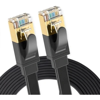 Abbildung von Elfcam® 3,5 Meter Ethernet Kabel Cat 8 Plat, LAN/WLAN mit Vergoldetem RJ45 Stecker, Netzwerkkabel 100% Kupfer Starres Verlegekabel, S/FTP, 30 AWG, Schwarz, 3,5m