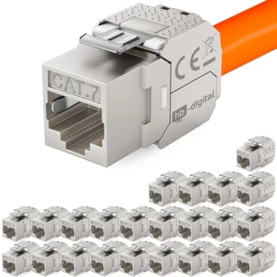 Abbildung von hb digital 24x CAT 7 Keystone RJ45 Modul Buchse für LAN Kabel 10 Gbit/s bis 600 MHz AWG 22 24 werkzeuglos LSA vollgeschirmt STP Einbaubuchse Patchpanel und Netzwerkdose
