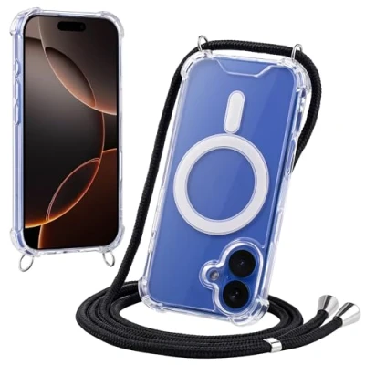 Abbildung von JProtect Magnetische Handykette für iPhone 16 Magsafe Hülle/iPhone Hülle mit Band zum Umhängen Schwarz Kordel/Kette Handyhülle Magnet