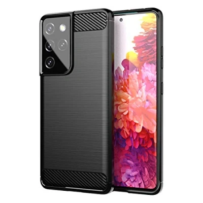 Abbildung von Cadorabo Hülle kompatibel mit Samsung Galaxy S21 Ultra Schutzhülle TPU Silikon Case Karbon Optik Slim Kratzfest Weiche Gummi Rundumschutz für in Schwarz