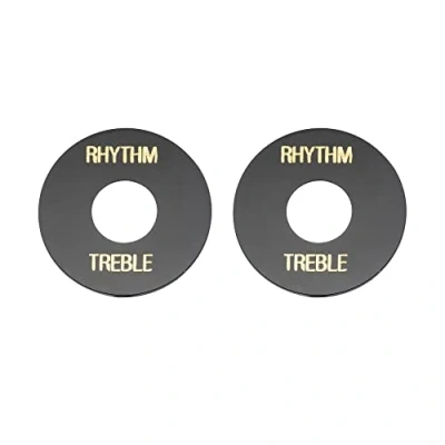 Abbildung von Musiclily Pro Selbstklebend Toggle Switch Washer Treble/Rhythm Plate Unterlegscheibe für Schalter Les Paul SG E Gitarre,Schwarz mit Gold Schrift(2er Set)
