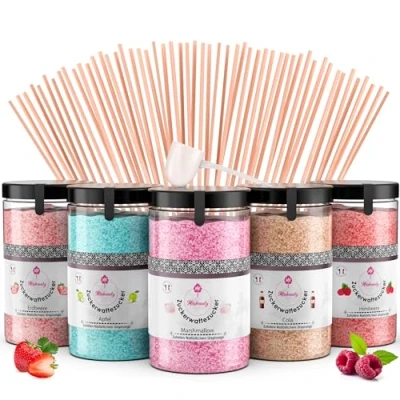 Abbildung von Misskandy®, Zuckerwatte Zucker (Farbstoffe ohne Azofarbstoffe) / Charge (5 * 300Gr)= 1,5kg/Erdbeere, Apfel, Marshmallow, Cola, Himbeere/zuckerwattemaschine zucker/Aromazucker + 50 Stäbchen (Free)