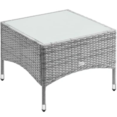 Abbildung von Casaria® Beistelltisch Polyrattan Grau 58x58cm Wetterfest Höhenverstellbar Outdoor Glasplatte 80kg Belastbarkeit Garten Balkon Terrasse Lounge Tisch