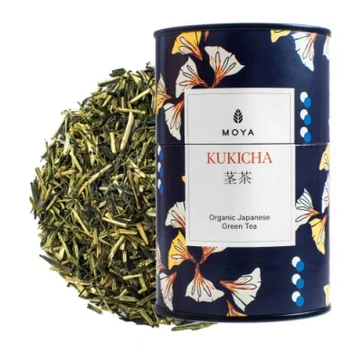 Abbildung von Organischer Moya Grün Tee Kukicha 60g Beste Teequalität aus Japan Vegetarisch und Vegan Freundlich in mehrfarbiger Metalldose Perfekt Geschenk